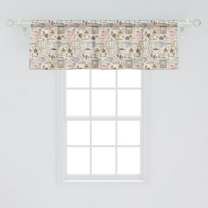 Ambesonne Modern Window Valance Pack of 2, Coffee Time Vintage Espresso Machine Cupcakes Beans Design, Rod Pocket Curtain Valances for Kitchen Bedroom, 54" X 18", Pale Pink Beige