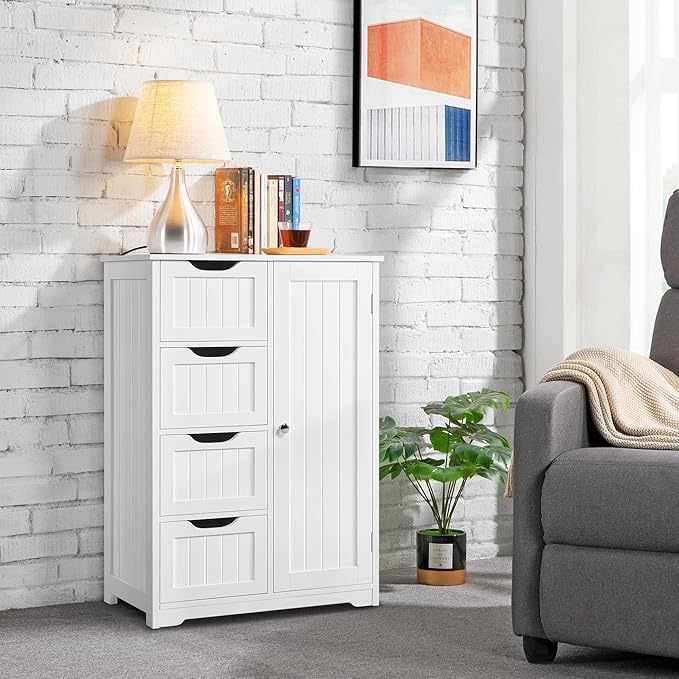 Yaheetech Large Bathroom Floor Cabinet with 4 Dawers and Single Door Cabinet, Freestanding Storage Cabinet for Living Room Kitchen Hallway, White