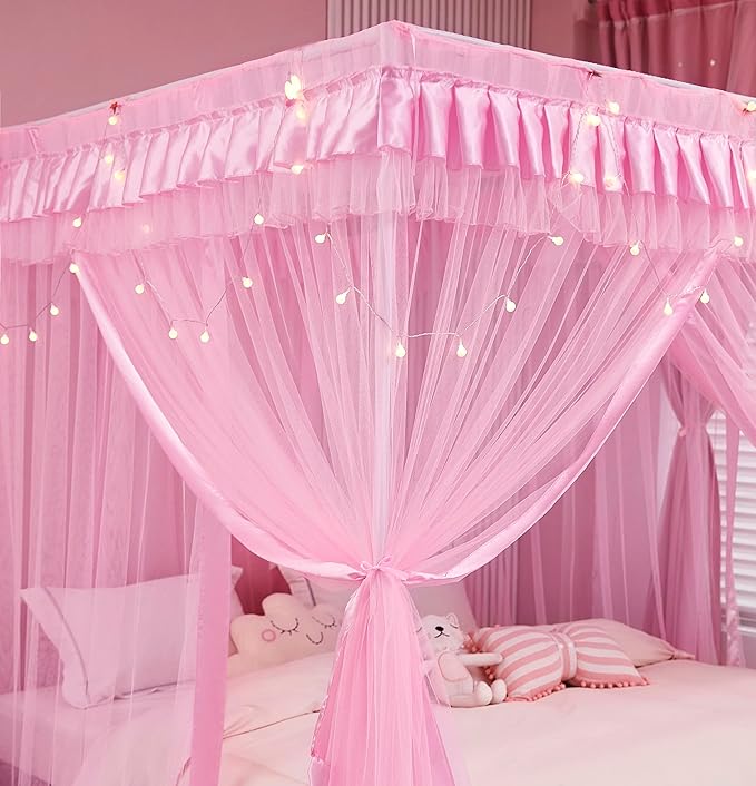 Mengersi 4 Corners Post Canopy Bed Curtains for Girls Full Size - Royal Luxurious Cozy Drape Canopy Bed Frames Netting for Kids Adults- Cute Princess Bedroom Decoration (Pink)