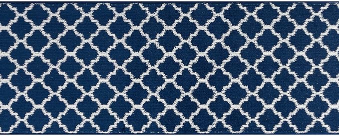 Custom Size Cut to Length Moroccan Trellis Design Runner Rug Mat For Wide Long Hallways with Non-Slip Rubber Backing, Better Traction for Pets, Prevent Slippage, Trellis Navy Blue, 31 inch X 9 feet