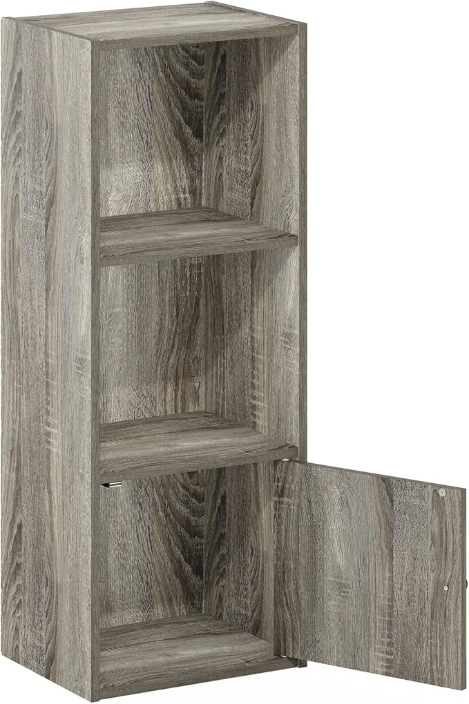 Furinno LUDER Book Shelf, 3-Tier Modern Bookshelf, Bookcase with 1 Door Storage Cabinet, 9.3" x 12" x 31.5", for Living Room, Bedroom, Home Office, French Oak