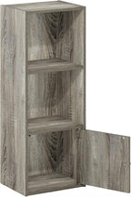 Furinno LUDER Book Shelf, 3-Tier Modern Bookshelf, Bookcase with 1 Door Storage Cabinet, 9.3" x 12" x 31.5", for Living Room, Bedroom, Home Office, French Oak