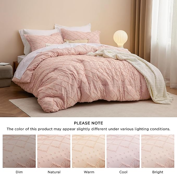 Bedsure Twin Comforter Set - Coral Pink Comforter, Boho Tufted Shabby Chic Bedding for Kids, 2 Pieces Vintage Farmhouse Bed Set for All Seasons, Fluffy Soft Bedding with 1 Pillow Sham