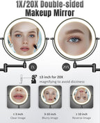 Wall Mounted Makeup Mirror with Light, 20X/1X 8'' Double Sided LED Magnifying Bathroom Lighted Vanity Mirror with Magnification, 3 Color Light up Touch Dimmable Extended Arm 360 Rotation