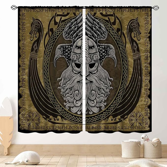 Norse Viking Curtains, Nordic Warriors Sword Celtic Rune Scandinavian Aesthetic Nation Valknut Mythology Window Drapery for Bedroom Living Room Bathroom 2 Panels, 42"x54" Inch
