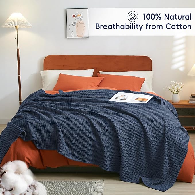 PHF Pre-Washed Cotton Waffle Weave Blanket Throw Size for Bed Couch,Snag Proof Spring Summer Lightweight Breathable,Oeko-TEX Certified,Machine Washable, Home Decor Gift，Dark Navy