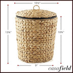 Casafield Water Hyacinth Trash Can with Lid and Liner - Natural, Woven Waste Basket for Bathroom, Bedroom, Laundry Room, Home Office