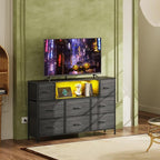 WLIVE Black TV Stand for 45, 50, 55 inch TV, Entertainment Center with LED Lights & Charging Station, TV Media Console Table with 8 Fabric Drawers and Open Shelves for Living Room, Hallway, Wood Top