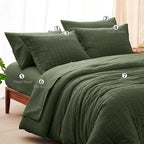 CozyLux Queen Comforter Set Olive Green Seersucker 7 Pieces Bed in a Bag Queen Comforter Set with Sheets Luxury Soft Bedding Set with Down Alternative Comforter, Sheets, Pillowcases & Shams All Season