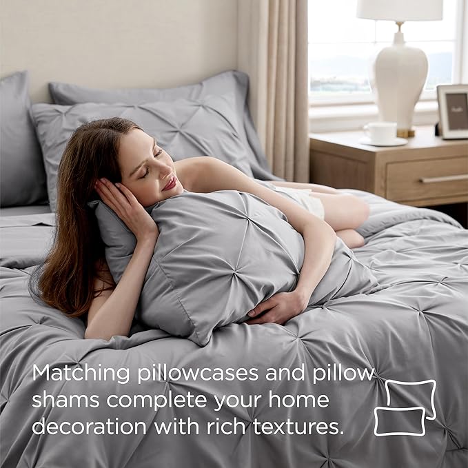 Bedsure King Size Comforter Set - Bedding Sets King 7 Pieces, Pintuck Bed in a Bag Grey Bed Set with Comforter, Sheets, Pillowcases & Shams