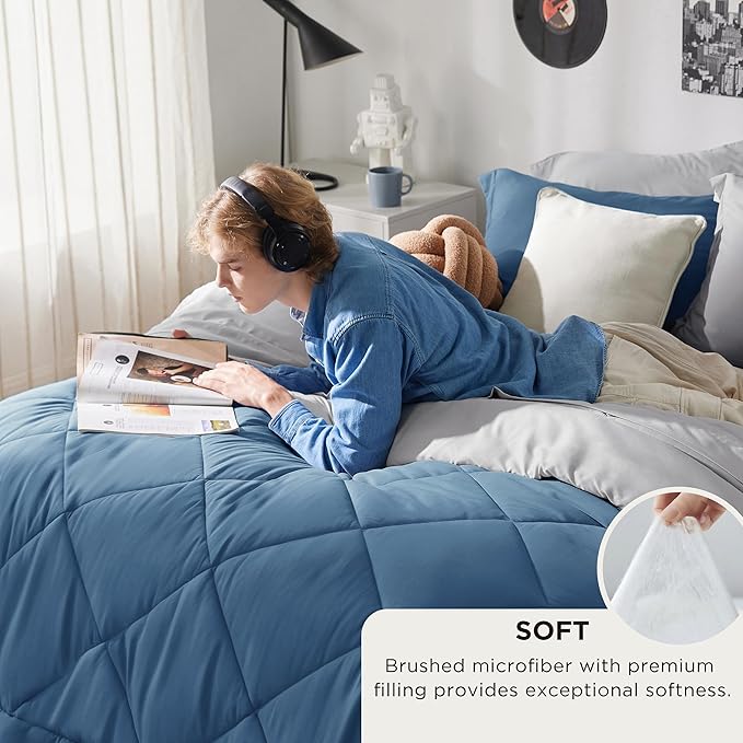 Bedsure Twin Comforter Set - 5 Pieces Reversible Slate Blue Bedding, Twin Size Bed Set for All Seasons, Bed in a Bag with Down Alternative Comforter, Sheets, Pillowcase & Sham