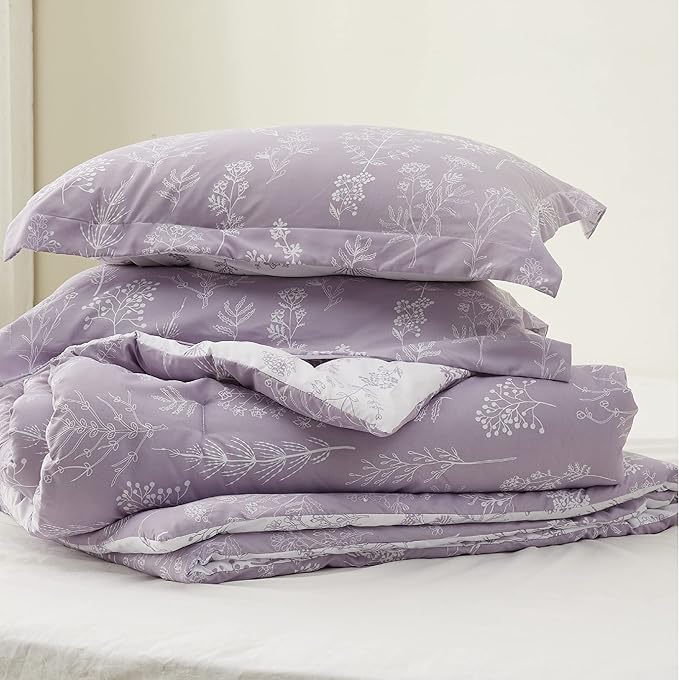 Bedsure King Comforter Set - Lavender Bed Set, 3 Pieces Cute Floral Bedding, 1 Soft Reversible Botanical Flowers Comforter and 2 Pillow Shams