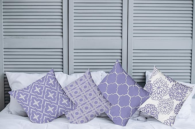 Ambesonne Vintage Throw Pillow Cushion Case Pack of 4, Monochrome Design Grid Trellis Quatrefoil Mesh and Dahlia Flowers Modern Print, Modern Accent Double-Sided Digital Printing, 18", Lavender White