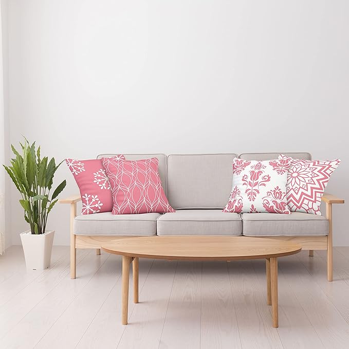 Ambesonne Retro Throw Pillow Cushion Case Pack of 4, Trellis Grid Medieval Floral Damask Mandala Flower Ornament in Modern Monochrome, Modern Accent Double-Sided Digital Printing, 18", Pastel Pink