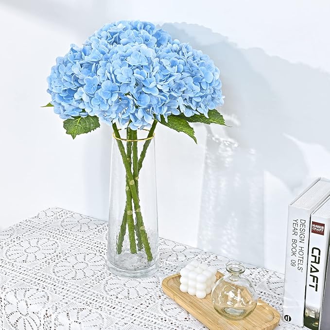 Waipfaru 21" Real Touch Blue Hydrangea Artificial Flowers with Long Stem & Leaves, Full Latex Faux Hydrangea Flowers for Home Decor Party Floral Arrangements Wedding Bouquets Centerpieces, 2Pcs
