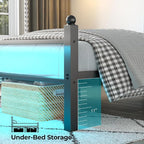 Full Bed Frame with Headboard and Footboard, Metal Bed Frame with Charging Station and LED Lights, Under Bed Storage, No Box Spring Needed,Noise Free, Black