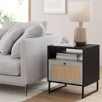 Nathan James Mina Rattan Wood End Side Accent Table Nightstand with Storage for Living Room or Bedroom, 1, Black Oak/Black