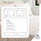 Linen Home 100% Cotton Printed Percale Sheets King Size, Deep Pocket, 4 Pieces Set - 1 Flat, 1 Deep Pocket Fitted Sheet and 2 Pillowcases, Crisp Cool and Strong Bed Linen, Mauve Botanical Floral