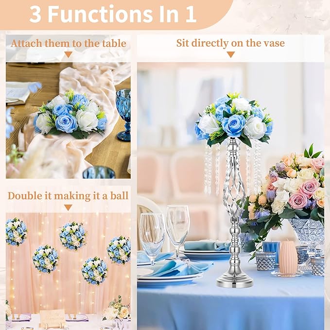 NUPTIO Pcs of 10 Fake Flower Ball Arrangement Bouquet,15 Heads Plastic Roses with Base, Suitable for Our Store's Wedding Centerpiece Flower Rack for Parties Valentine's Day Home Décor (Blue & White)