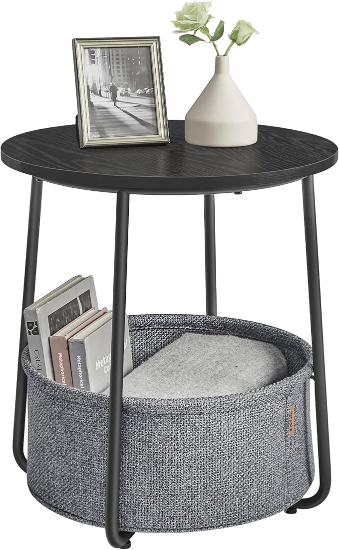 VASAGLE LILEA Collection - Small Round Side End Table, Modern Nightstand with Fabric Basket, Ebony Black and Slate Gray ULET223B01