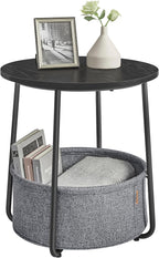 VASAGLE LILEA Collection - Small Round Side End Table, Modern Nightstand with Fabric Basket, Ebony Black and Slate Gray ULET223B01