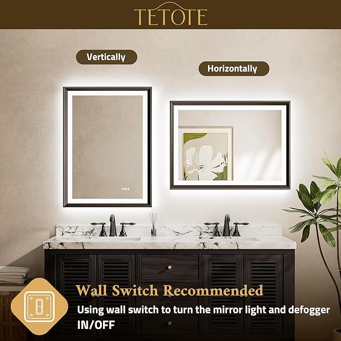TETOTE Black LED Bathroom Mirror with Lights 24x36 Front & Back Light Vanity Framed Mirror Baroque Gothic Anti Fog Dimmable White/Warm/Natural,CRI90+,Waterproof,Wall Mounted(Horizontal/Vertical)