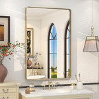 24x36 Inch Gold Framed Bathroom Mirror, Brushed Gold Metal Vanity Mirror, Gold Rectangle Mirror for Wall, Rounded Corner, Tempered Glass, Anti-Rust, Shatterproof (Horizontal/Vertical)