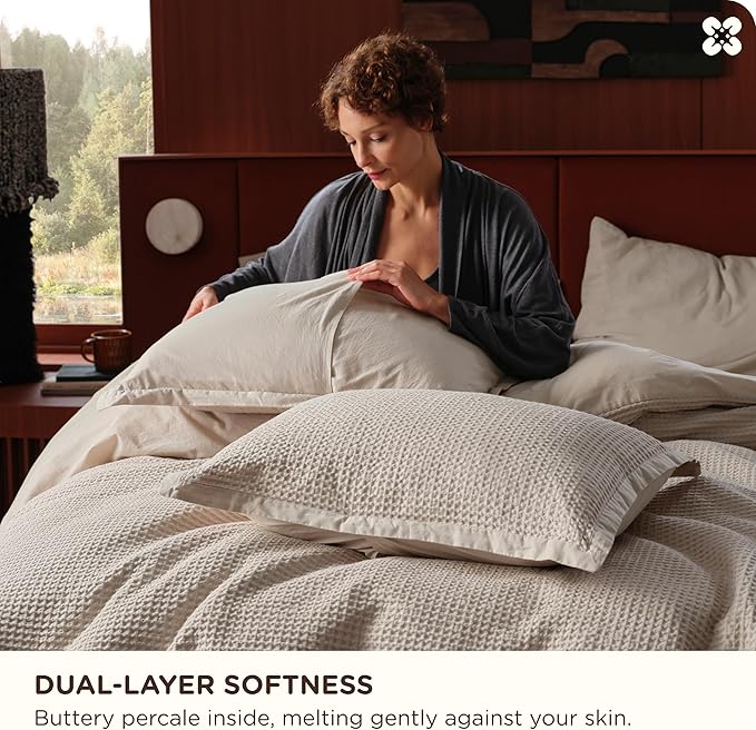 Bedsure Cotton Duvet Cover Set - 100% Cotton Waffle Weave Linen Duvet Cover Oversized Queen Size, GentleSoft™ and Breathable Bedding Set for All Season, 3 Pieces, 98"x98"