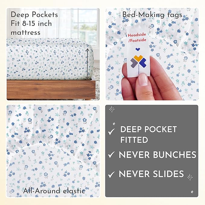 California Design Den Deep Pocket Twin Sheets Set - 400 Thread Count Sateen, Natural 100% Cotton Sheets, Cooling and Durable Bedding Set - Blooming Meadows