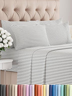 Full 6 Piece Sheet Set - Comfy Breathable & Cooling - Soft Hotel Luxury Bedding Set with 8-16 Inch Deep Pockets - 1 Flat & 1 Fitted Sheet & 4 Pillowcases - Wrinkle Free & Easy Care - Grey Stripes 2