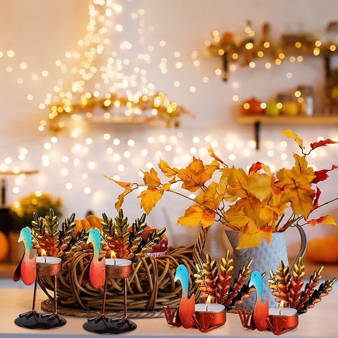 Sieral 12 Pieces Thanksgiving Candle Holder Metal Turkey Tea Light Candle Holders Thanksgiving Table Centerpieces Decoration Turkey Candlesticks for Fall Holiday Fireplace Home Centerpiece