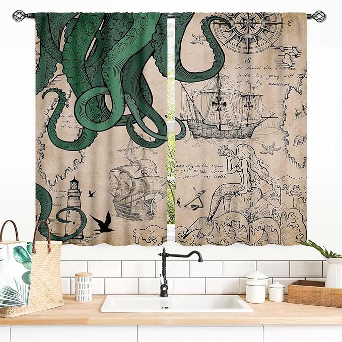 Nautical Octopus Curtains, Coastal Old Pirate Map Sailboat Compass Vintage Magic Ocean Kraken Octopus Tentacles Window Drapery Treatment for Bedroom Living Room Kitchen Bathroom 2 Panels, 55x39 Inch