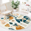 Round Rugs Composition Folk Art Animals Decorative Elements Hand Drawn Boho Area Rug Linen and Cotton Carpet Meditation Rug Washable Hallway Runner Mat Accent Rug for Bedroom Bathroom 4ft