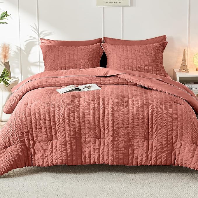 HYMOKEGE Coral California King Comforter Set Seersucker 7 Pieces, All Season Luxury Bed in a Bag for Bedroom, Bedding Set with Comforter, Sheets, Pillowcases & Shams