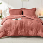 HYMOKEGE Coral King Size Comforter Set Seersucker 7 Pieces, All Season Luxury Bed in a Bag for Bedroom, Bedding Set with Comforter, Sheets, Pillowcases & Shams