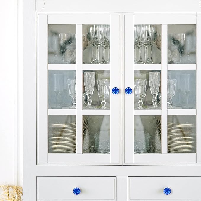 Ravinte 25 Pack Blue Crystal Knobs for Dresser Drawers - 30 mm Glass Cabinet Diamond Shaped Knobs with Silver Base