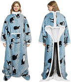 Catalonia Sherpa Wearable Blanket with Sleeves & Foot Pockets for Adult Women Men, Comfy Snuggle Wrap Sleeved Throw Blanket Robe, Gift Idea, Wonder Cat