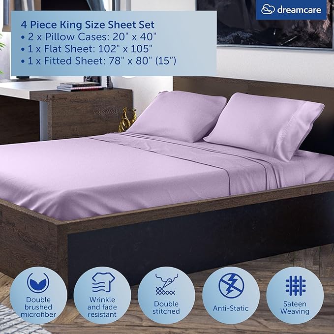DREAMCARE King Size Sheets Set - Cooling Bed Sheets - 4pcs Set - up to 15" Deep Pocket King Sheet Set – Soft & Long Lasting Cooling - 100% Fine Brushed Microfiber with Side Pocket - Lavender