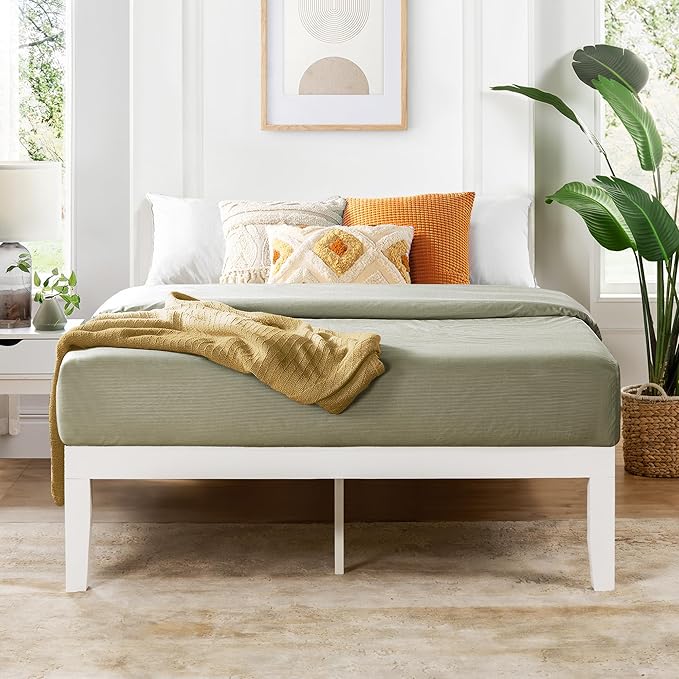 Mellow Naturalista Classic 16 Inch Solid Wood Platform Bed with Wooden Slats, White, Queen