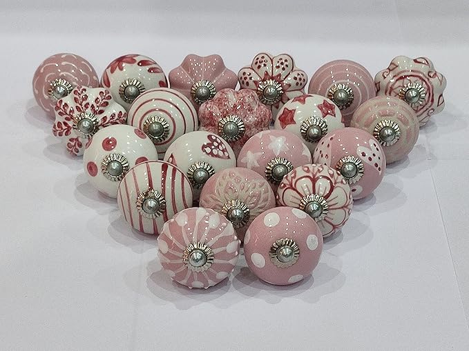 Cabinet Knobs for Dresser Drawers Assorted Multicolor Countryside Door Pull Handles for Kitchen Wardrobes Boho Home Interior Décor Pink Knobs - Pack of 20