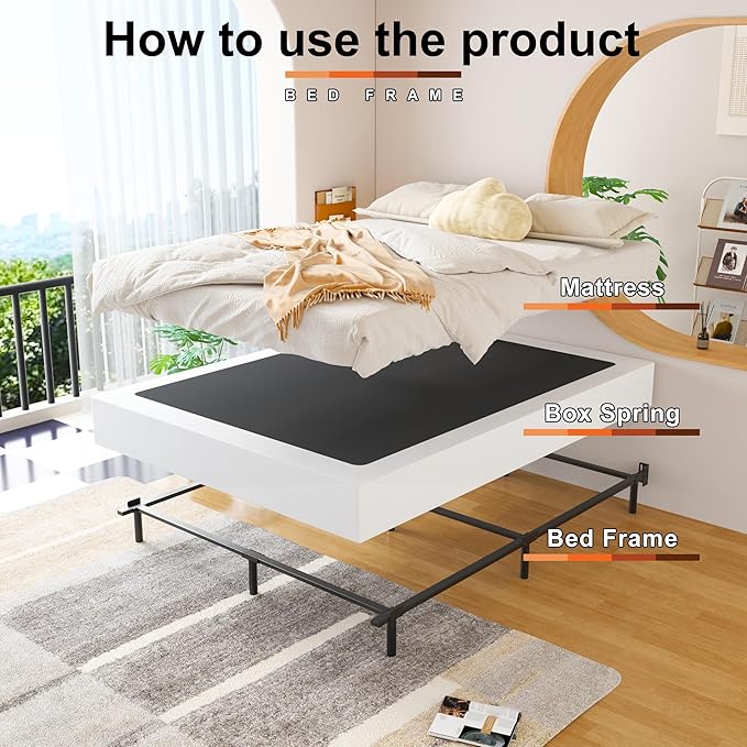 EMODA 9 Inch Queen Box Spring Bed Base, 3000 LBS Heavy Duty Metal Mattress Foundation with Fabric Cover, Easy Assembly