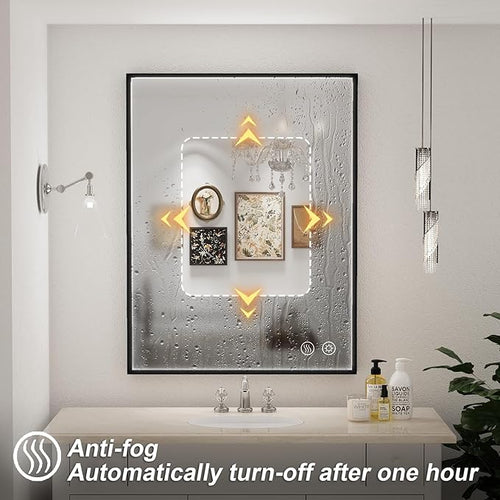 24x32 Inch LED Bathroom Mirror with Lights, Black Metal Frame Mirror, Wall Mounted Lighted Vanity Mirrors