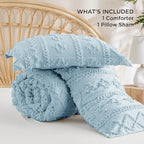 Bedsure Tufted Boho Comforter Set Twin Size - Dusty Blue Boho Bed Set, GentleSoft™ 2 Pieces Farmhouse Shabby Chic Embroidery Bedding, Gifts for Woman, Soft Jacquard Twin Comforter for All Seasons
