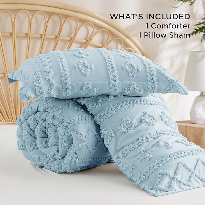Bedsure Tufted Boho Comforter Set Twin Size - Dusty Blue Boho Bed Set, GentleSoft™ 2 Pieces Farmhouse Shabby Chic Embroidery Bedding, Gifts for Woman, Soft Jacquard Twin Comforter for All Seasons