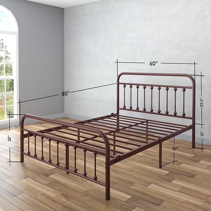 Golden Gate Beds Victorian Vintage Style Metal Bed Frame with Wrought Iron Headboard and Footboard, Classic Platform Bedframe with Storage, No Box Spring Needed, Mattress Foundation, Brown, Queen Size