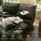 MooMee Bedding Duvet Cover Set 100% Washed Cotton Linen Like Textured Breathable Durable Soft Comfy (Solid Olive Green, Super King Plus 120"x120")