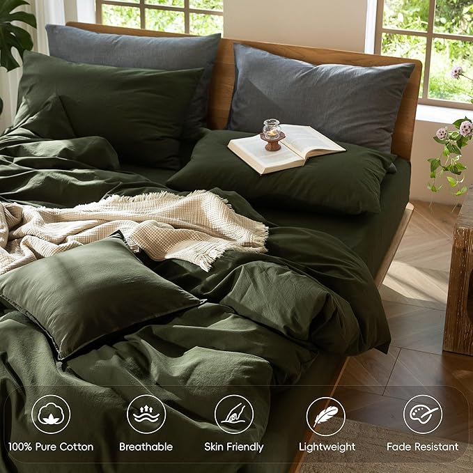 MooMee Bedding Duvet Cover Set 100% Washed Cotton Linen Like Textured Breathable Durable Soft Comfy (Solid Olive Green, Super King 108"x98")