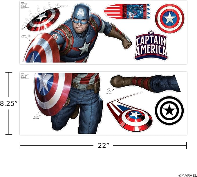 Wall Palz Marvel Captain America Wall Decals - 24" Avengers Removable Vinyl Stickers for Kids Bedroom Playroom Bathroom - Peel and Stick Room Décor