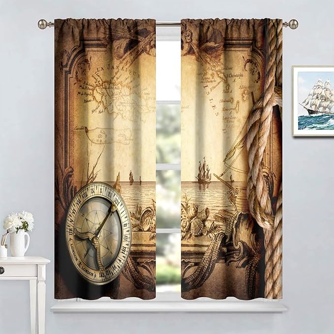 Pirate Map Curtains, Nautical Theme Old Ancient Treasure Map Secret Sea History Pattern Blackout Window Drapes for Kids Boys Bedroom Living Room 63x63in