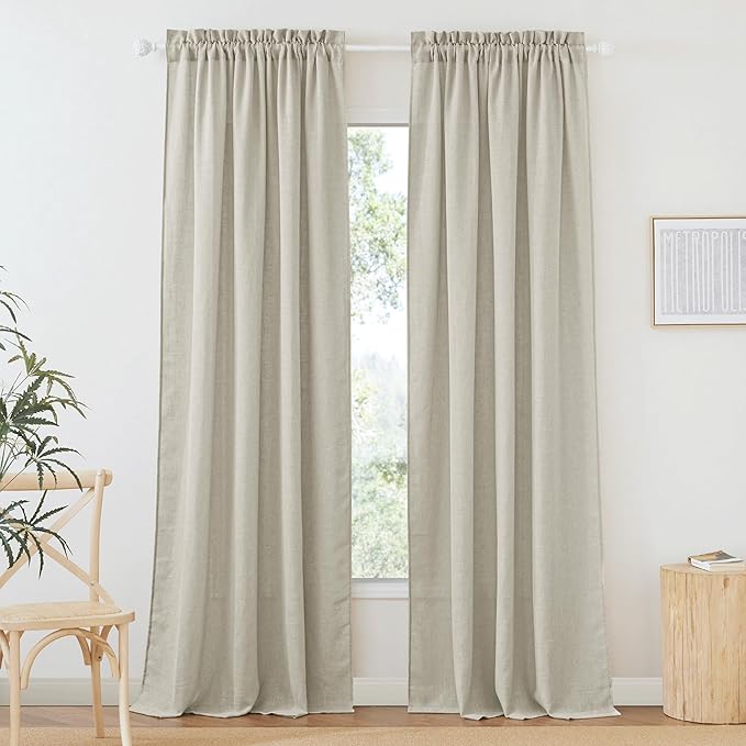 RYB HOME Flax Linen Blend Curtains - European Flax Linen Semi Sheer Curtains Privacy Protect Window Drapes Light Filter for Parlor, Sliding Door, Villa, Party, W 52 x L 95 inch, Angora, 2 PC